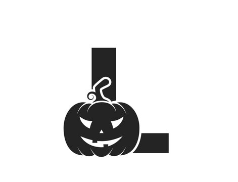 letter l with jack o lantern. creative halloween and autumn alphabet logotype. pumpkin face vector image