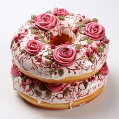 A doughnut with roses. Painted pastries. Pastries with decorations and decorations ,