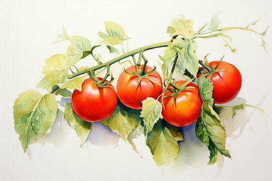 Watercolor painting of tomatoes on a branch. Generative AI