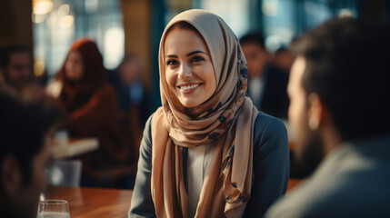 portrait of a modern woman wearing a headscarf in a restaurant - obrazy, fototapety, plakaty