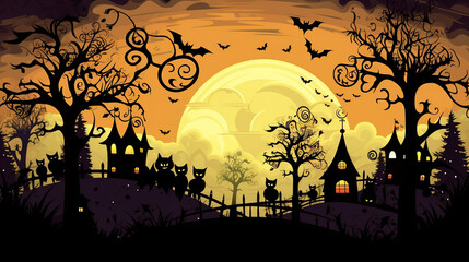 Old cemetery halloween background. Scary trees, bats, tombstones and crow,pumpkins, moon