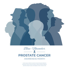 Prostate cancer awareness month.Blue November.Vector illustration with silhouettes of men and space for text.