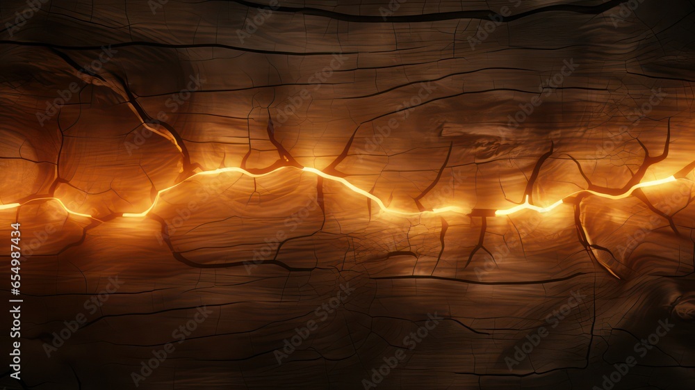 Poster cracked wooden background with glowing lines created with generative ai