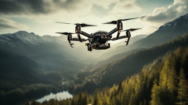 drone with a camera flies high above the mountain landscape