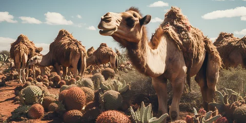 Foto op Plexiglas camels in the desert, Cute adorable baby camels cartoon imag, A camels is eating some food in the desert, generative AI  © Asad