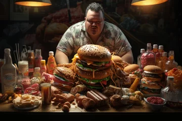 Foto op Plexiglas Overweight problem, poor diet, calorie-laden food, fast food cheeseburger burger, fat woman, obese persona, high calorie quick food, motivation to eat righ, fatty foods, dieting, new life. © Ruslan Batiuk