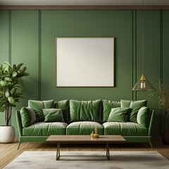 Home interior mock up with green sofa