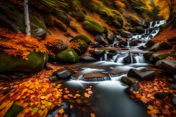 a mountain stream flowing through a valley covered in autumn leaves - AI Generative