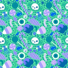 Naklejka premium Cartoon Halloween candy seamless lollipop and sugar cherry and worms and skulls pattern for wrapping paper