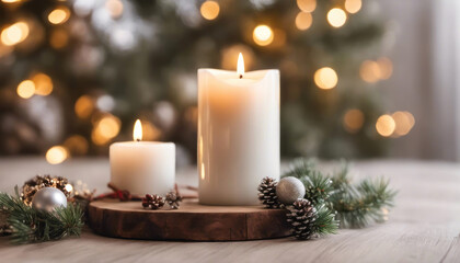 Obraz na płótnie Canvas Christmas candles with christmas tree in the background
