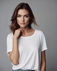 Obraz premium Woman taking a photo in the studio in a white t-shirt