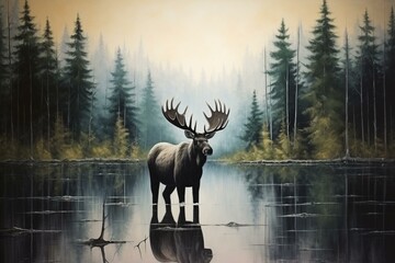Solitary moose by the lake, mirrored reflection, surrounded by nature, majestic antlers, serene atmosphere. Generative AI