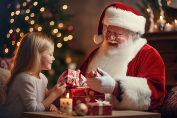Fototapeta na wymiar Santa Claus sharing a gifts with children around a festively decorated table, radiating joy and togetherness. Generative Ai
