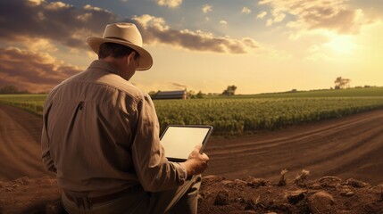 A man in a cowboy hat using a laptop computer bear field farm