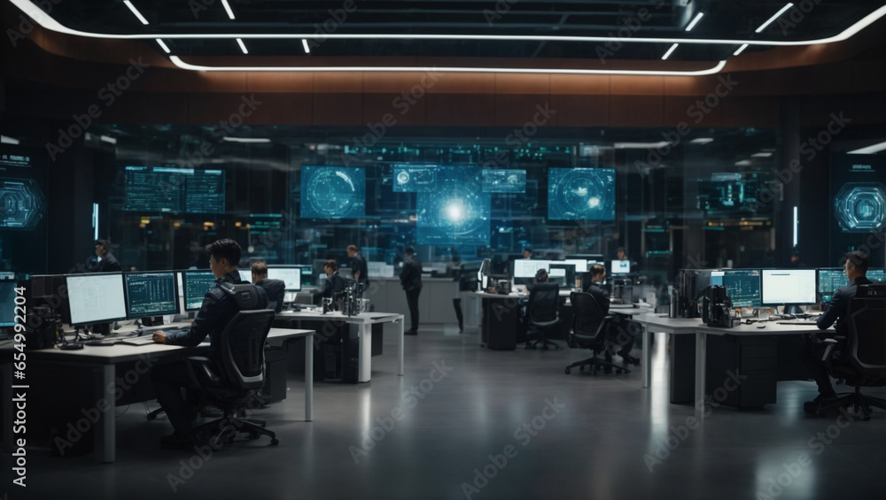 Poster a futuristic cybersecurity workspace featuring advanced encryption technologies generative ai