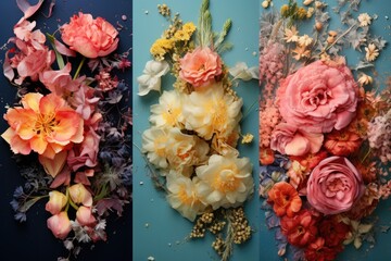 Collage of options of beautiful spring and summer flowers. Living arrangement of bouquets, professional floristry, decor, handmade On color backgrounds