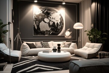 
Stylish and chic  living room interior of modern apartment with white sofa, design wooden commode, black table, lamp, abstract paintings on the wall. Beautiful lighting solution . Home decor