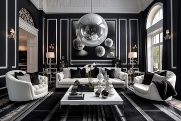 Beautiful chic living room on grey and black and white colors with accent. Luxury apartment with leather white sofa, sofa, armchairs, table and unique objects and interior elements