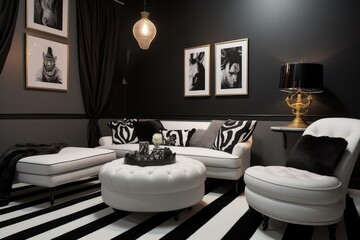 Chic renovation in a new apartment using black and white colors, stripe accents, white leather sofa, sofa, armchairs, pillows, table and unique objects and interior elements