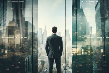 Fototapeta premium Back View of the Thoughtful Businessman wearing a Suit Standing in His Office, Hands in Pockets and Contemplating Next Big Business Deal, Looking out of the Window. Big City Business District View
