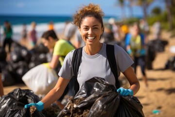 Inspiring image of a group of joyful people coming together to fight for saving the planet and ecology. With determined smiles, they gather garbage near the ocean, embracing the call to protect world. - Powered by Adobe