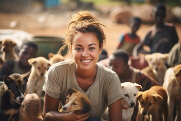 cute young woman volunteer takes care of dogs in a shelter. Adaptation of homeless animals. Wants to find a home and caring owners for small puppies