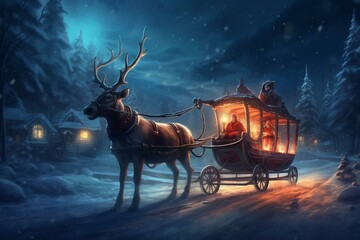 festive sleigh ride under moonlit sky with reindeer delivering gifts. Generative AI - obrazy, fototapety, plakaty