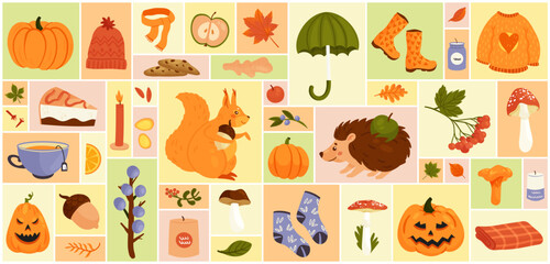 Cartoon herbarium of forest tree leaves, harvest for Thanksgiving party, candle and acorn, cute squirrel and hedgehog with apple in geometric collage background. Autumn season set vector illustration.