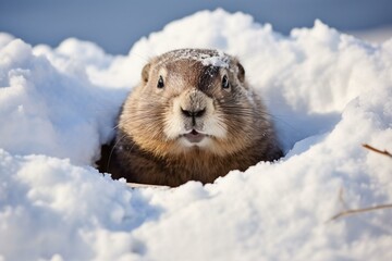 Cheerful groundhog emerges from snowy burrow. Generative AI - obrazy, fototapety, plakaty