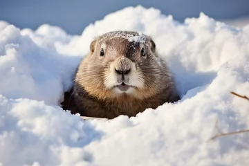 Fotobehang Cheerful groundhog emerges from snowy burrow. Generative AI © Eamon
