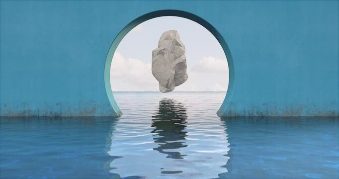 3D floating rock above a water surface within a blue circular opening.