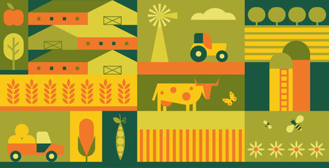 Geometric organic farm and agriculture design vector illustration. Cartoon eco minimal banner with square pattern, vegetable, wheat on agro field, farmers tractor in trendy rectangle presentation © Flash Vector