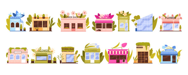Flower shops set vector illustration. Cartoon isolated store exteriors collection, front street view of modern and old romantic buildings with windows and doors on facade, Flowers sign above entrance
