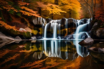 a picturesque scene of a waterfall in autumn reflected in a calm, clear pool below - AI Generative