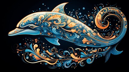 A symmetrical mandala unveiling the playful elegance of a leaping dolphin, gracefully depicted amidst intricate and fluid patterns - obrazy, fototapety, plakaty