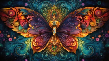 an enchanting mandala-style depiction of a radiant butterfly, fluttering amidst a tapestry of colors