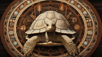 an enchanting mandala-style depiction of a wise and ancient tortoise, bearing the weight of centuries