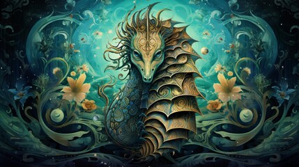 an enchanting mandala-style depiction of a mystical seahorse, surrounded by swirling aquatic patterns