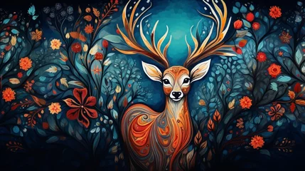 Tuinposter An exquisite mandala artistry celebrating the vibrant grace of a prancing deer amidst a sea of intricate designs © khoobi's ART