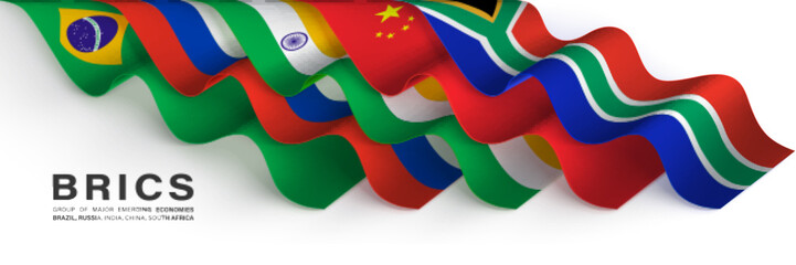 BRICS flags of the five countries and text