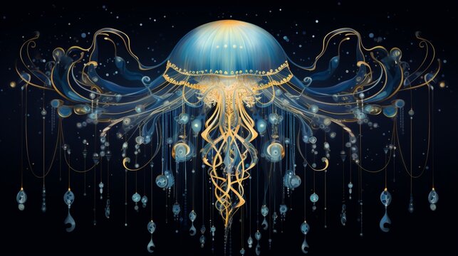 An intricate mandala showcasing the serene beauty of a floating jellyfish, its form captured within a canvas of artistic finesse