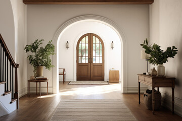 A Sunlit Foyer Entrance Room Decorated with An Arched Doorway Potted Tree on The Table and An Arched Wooden Door with Stairs