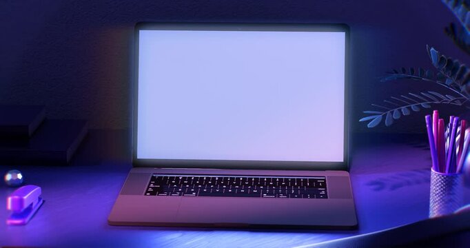  A 3D rendered animation of an opened laptop with an empty white screen put on the desk
