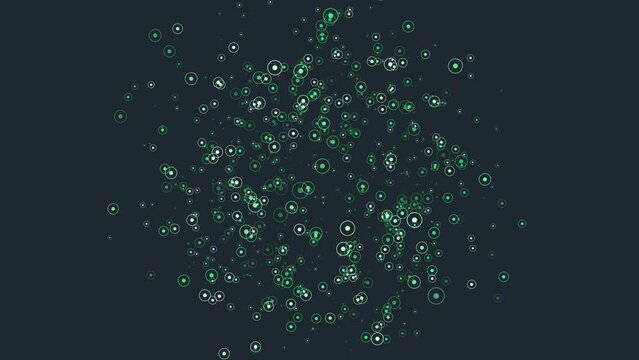 Abstract image of luminous green dots floating in a circular pattern on a black background. The dots overlap, creating a sense of depth and movement