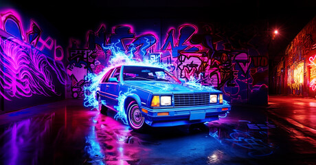 Retro old car in a grungy graffiti covered room with a neon retrofuturistic effect
