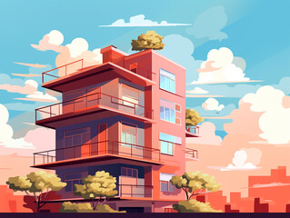 Illustration of a high-rise residential façade against the backdrop of a big city skyline.
