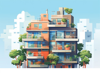 Illustration of a high-rise residential façade against the backdrop of a big city skyline.
