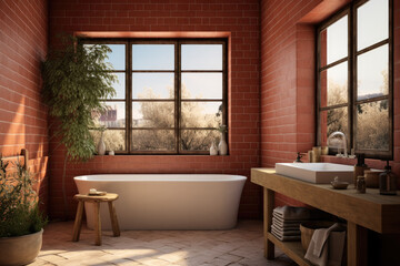Fototapeta na wymiar Bright and Airy Bathroom with A Bathtub, Sink, and Window, Featuring Red Brick Walls and A White Tile Floor