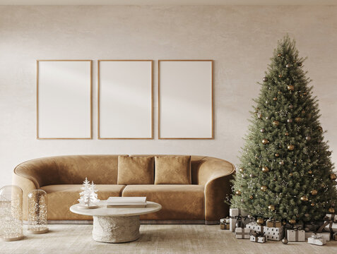 Boho beige livingroom with decorated Christmas tree and gift background. Modern nature view with 3 picture frame. 3d rendering mock up stucco wall. High quality 3d illustration