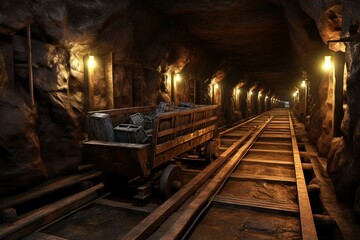 Fototapeta na wymiar Minecart in an old western underground mine. Generative AI